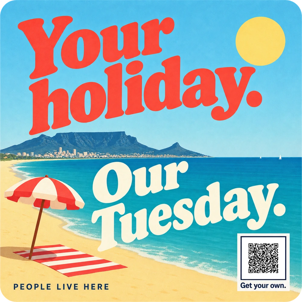 Your holiday. Our Tuesday. A colourful Cape Town postcard design with Table Mountain, turquoise sea and a beach umbrella.